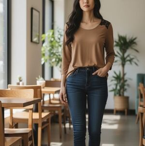 TALBOTS shirt size LARGE brown black cotton lace 3/4 length sleeves top Adorable